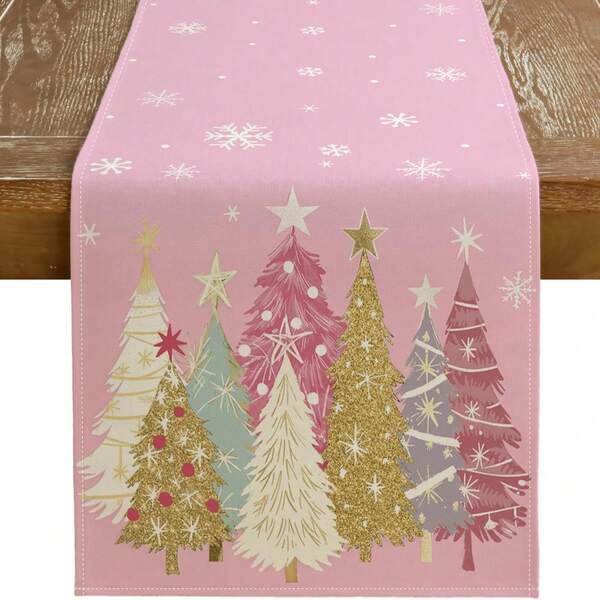 1pc Cute Pink Christmas Tree Table Runner, Christmas Tree Snowflake Holiday Decor For Farmhouse Dining Table, Kitchen, Indoor Outdoor Evening Party Decoration, 33x90/120/183/230/275cm
