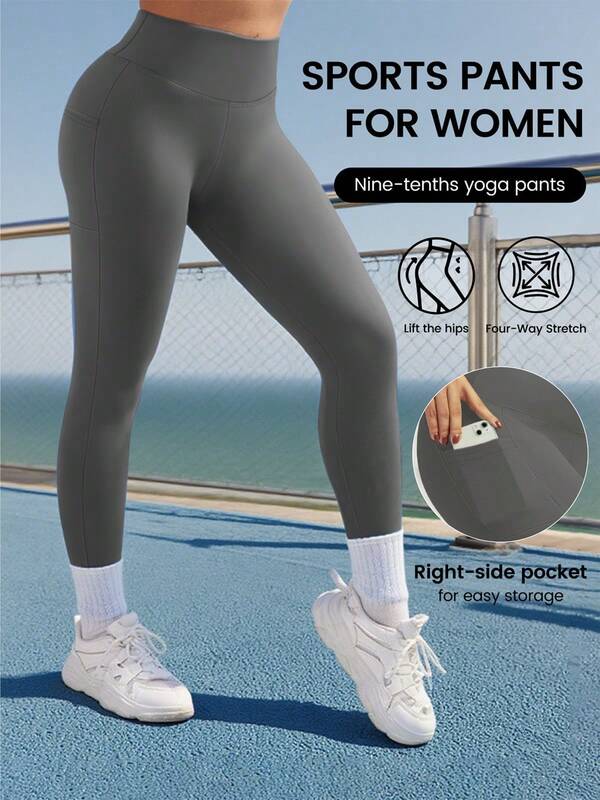 1 pieza Pantalones de yoga cómodos y suaves con bolsillo para mujer, ligeros y transpirables de alta comodidad, adecuados para uso diario casual, deportes al aire libre, entrenamiento físico como mallas