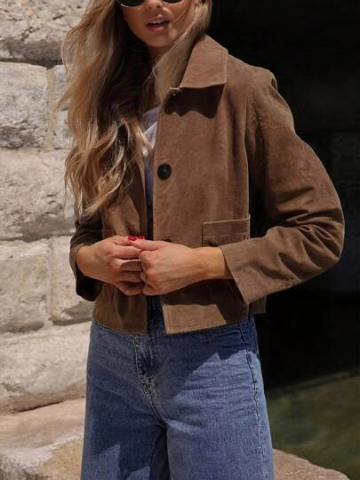 New Autumn And Winter Collar Solid Color Pocket Zipper Front Buckle Daily Women's Jacket Jacket, Halloween Costume, Christmas Costume, Suitable For Vacation, Travel, Office, Party, Date, Daily Wear, Etc