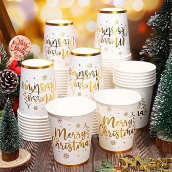 10/20/40个9盎司圣诞纸杯一次性派对杯圣诞树饮料杯节日派对餐具杯圣诞快乐派对杯冬季派对冷热饮料新年派对用品圣诞装饰