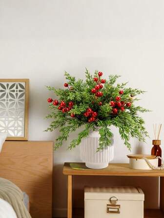 45pcs/60pcs Christmas Artificial Pine Branches With Red Berry Stems, 10.5" Faux Evergreen Norfolk Pine Cypress Leaves Stems, Fake Foliage Pine Needles Picks For DIY Craft Garland Home Decor, House Decor, Bathroom Decor, Bedroom Decor, Kitchen Decor, Christmas Decoration, New Year Decoration, Valentine's Decoration, Christmas Gifts Christmas Decorations