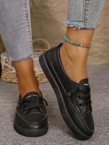Women Plus Size White Sneakers, Fashion Flat Platform Casual Lace-Up Tennis Shoes, Versatile Student/School Shoes - 黑色 - 查看 5