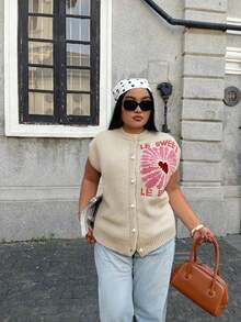 Plus Size Women's Fall And Winter Fashion Casual Bohemian Vacation Simple Commuter Contrasting Colors English Letters Love Printed Round Neck Pearl Buttons Sleeveless Cardigan Brunch Outfits For Women