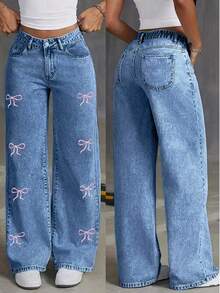 Women Classic Casual Straight Leg Jeans With Butterfly Embroidery, Versatile For Spring/Summer, Suitable For Casual, Holiday, Birthday, Party, Travel, Stage Performance, Airport