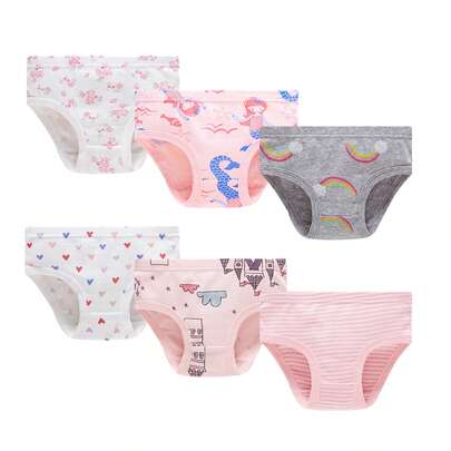 6pcs Girls' Comfortable Breathable Triangle Panties With Heart, Rainbow, Castle Graphic Patterns
