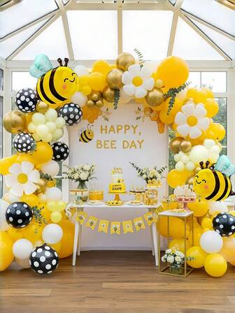 124pcs Bee And Daisy Balloon Arch Kit With Black Polka Dot Latex Balloons - Golden Latex Balloons With Adorable Bee & Daisy Foil Designs, Perfect For Birthday Parties, Theme Events, Proms & More - Vibrant Decoration Set, Bee Decorations Christmas Decorations Home Christmas Gifts Christmas Decor