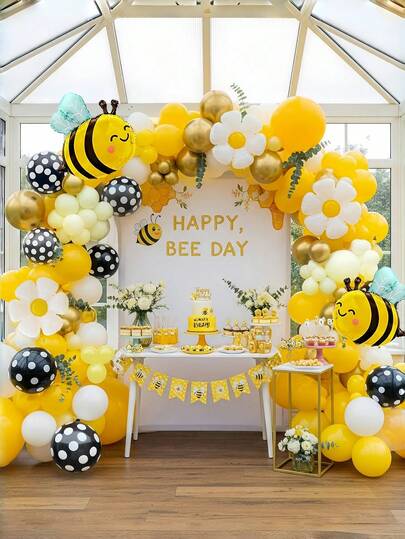124 piezas Kit de arco de globos con diseños de abeja y margarita con globos de látex de puntos negros - Globos de látex dorados con adorables diseños de abeja y margarita de lámina, perfectos para fiestas de cumpleaños, eventos temáticos, bailes de graduación y talla grande - Conjunto de decoración vibrante, decoraciones de abeja, decoraciones navideñas, regalos navideños, decoración navideña