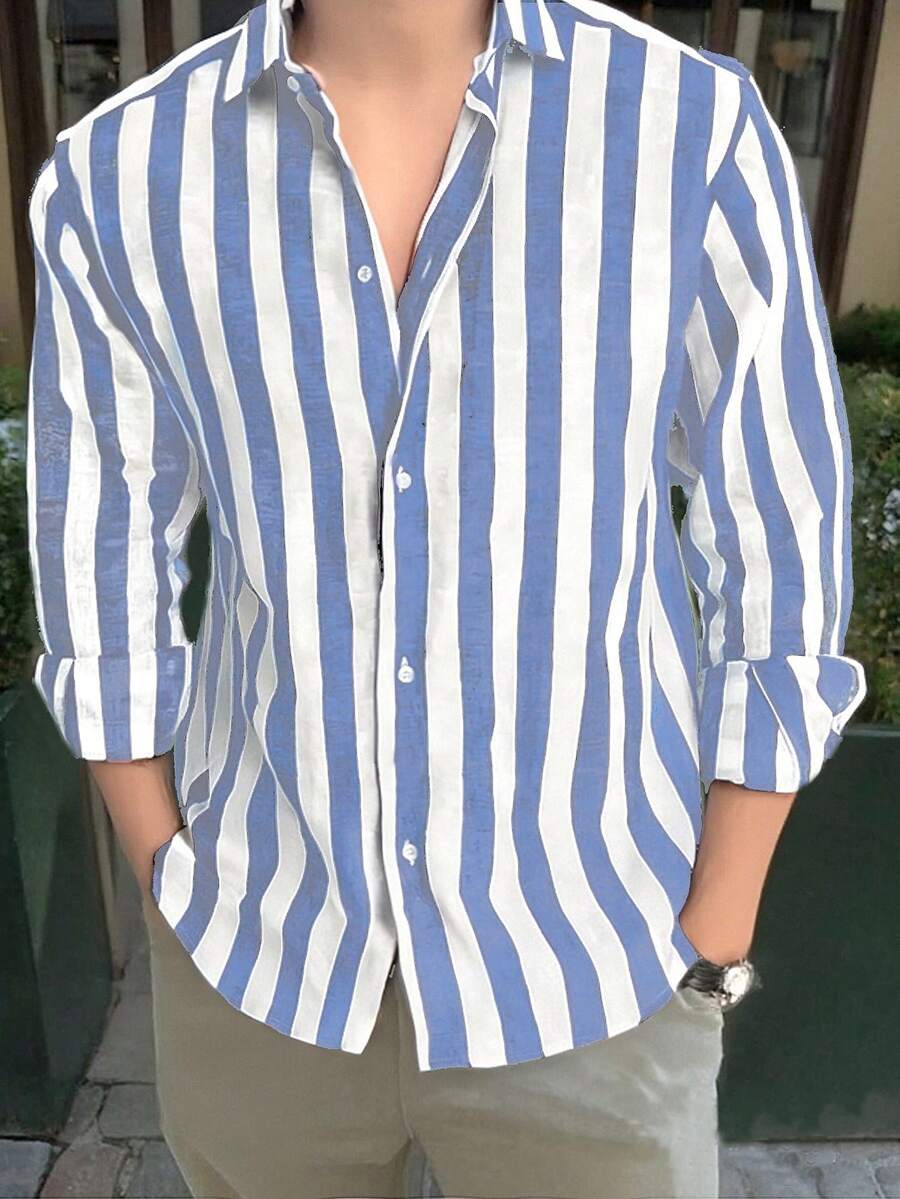 Teenage Boys' Striped Long Sleeve Casual Shirt, Fashion Collared Versatile Commuter Minimalist Korean Style