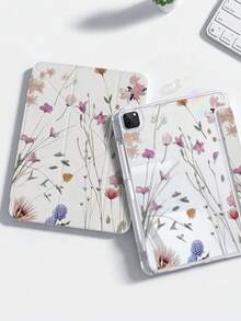 防震花卉元素翻盖保护套，卡通花卉双面亚克力水晶透明后盖，兼容iPad 7、8和10代10.2英寸，内置笔槽，支持睡眠/唤醒功能，多种折叠支架模式，是节日、新年和春季送礼的理想之选。 - 彩色 - 查看 2