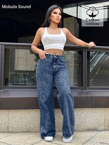 Mobula Sound 性感音乐节休闲时尚直筒牛仔裤，优雅女士学生春夏款 - 深藍色 - 查看 4