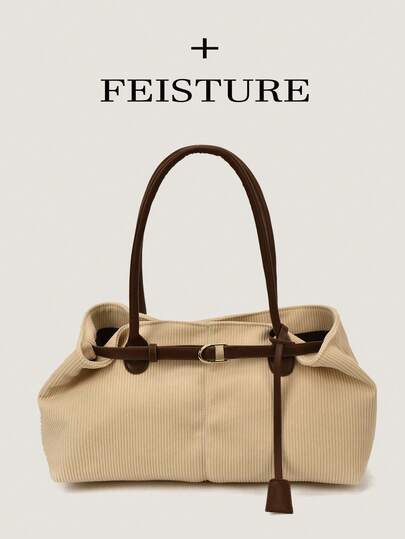 1pc New Corduroy Fabric Strap Decor Large Capacity Shoulder Bag, Magnetic Closure, Suitable For Daily Outing, Dating, Commuting