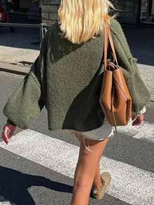 Women Casual Long Sleeve Fall Sweaters High Neck Solid Color Soft Ribbed Knitted Oversized Pullover Loose Fit Jumperih - Green - View 4