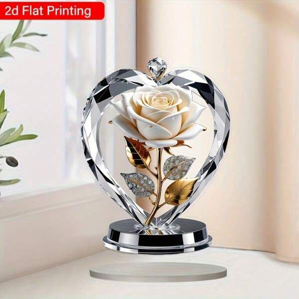 2D Flat High Definition White Rose Heart Decor - Elegant Floral Desktop Ornament, Transparent Acrylic Base, No Assembly Required, Lightweight Gift, Suitable For Living Room, Office, Dining Table - Modern Minimalist Style, Rose Themed Home Decor, Seasonal Holiday Decoration, Bohemian Style, Durable Material, Great For Birthday, Wedding, Valentine's Day