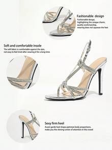 Sandalias de tacón alto de stiletto con punta redonda, estampado de hojas de bambú, hebilla con lazo de strass, elegantes, lujosas, de moda, adecuadas para banquetes, fiestas, glamorosas, tacones altos plateados