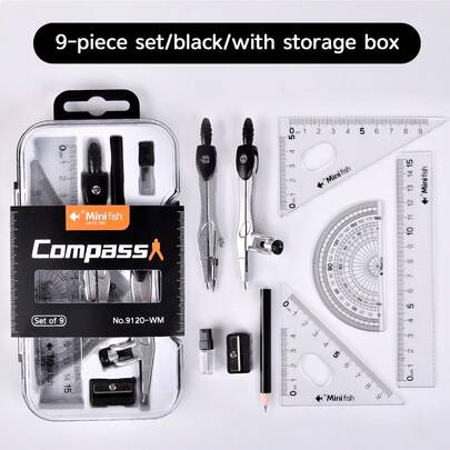 9pcs Student Drawing Tool Set, PP Material, Math & Geometry Art Supplies Including Compass, Ruler, Triangle, Protractor, Pencil Sharpener, Essential Back To School Stationery