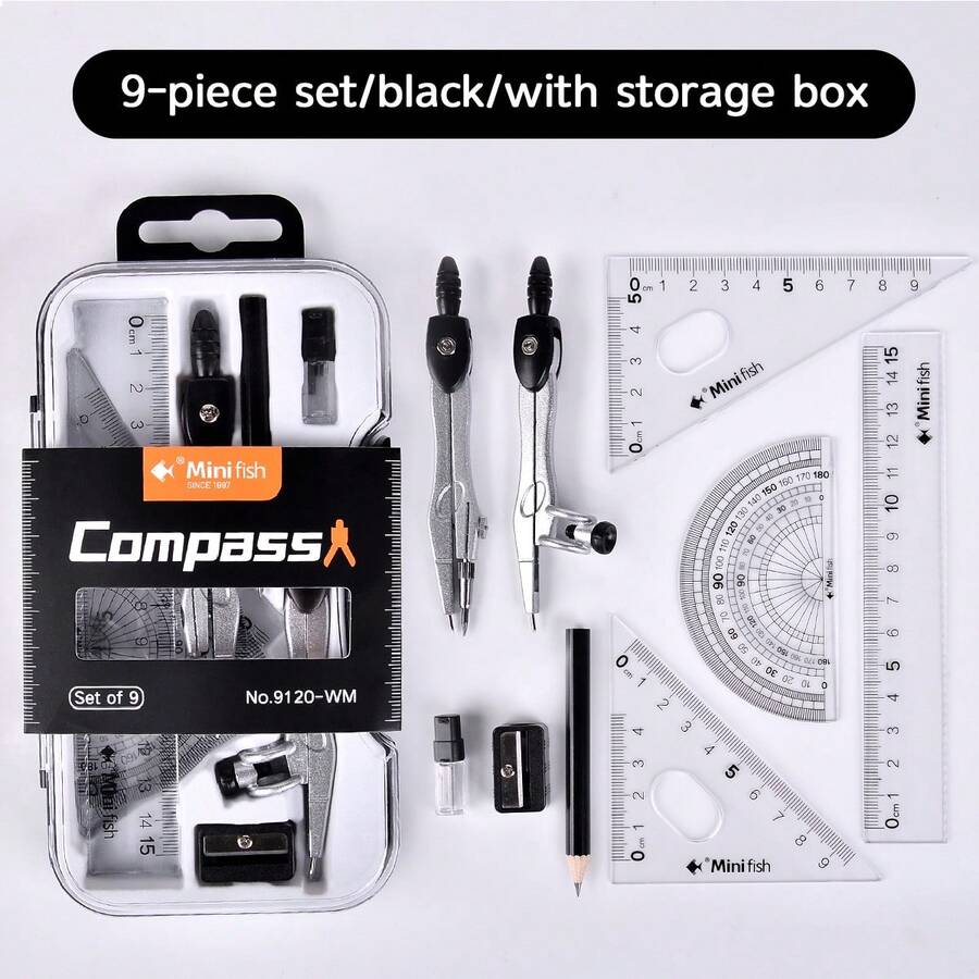 9pcs Student Drawing Tool Set, PP Material, Math & Geometry Art Supplies Including Compass, Ruler, Triangle, Protractor, Pencil Sharpener, Essential Back To School Stationery