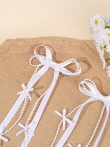 2个白色流苏发夹，女士/女孩纯色丝带流苏蝴蝶结鳄鱼夹，仿珍珠流苏蝴蝶结发夹，优雅仿珍珠流苏蝴蝶结发夹，婚礼/节日双马尾蝴蝶结发夹，女士发饰，爪夹，发夹，发饰，发卡 - 白色 - 查看 3