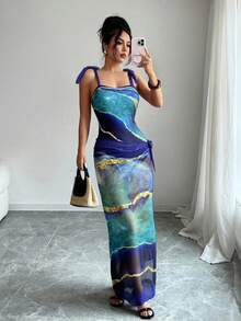 Elenzga Summer Beach Women Printed Strap Beachwear Matching One-Piece Swimsuit And Cover Up Skirt