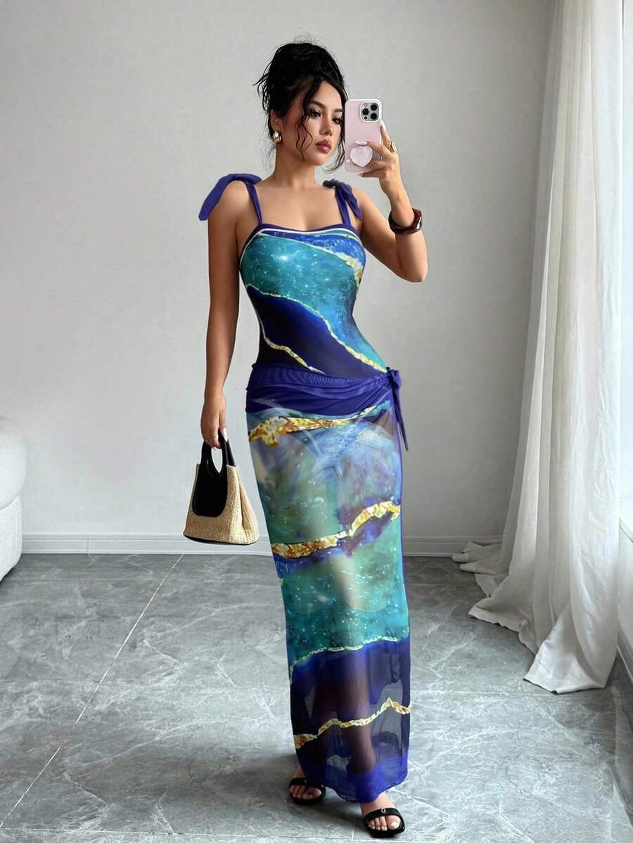 Elenzga Summer Beach Women Printed Strap Beachwear Matching One-Piece Swimsuit And Cover Up Skirt