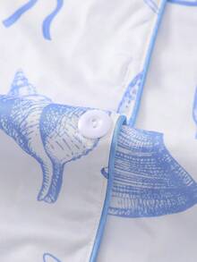 2pcs/Set White Background Blue Shell Print Plus Size Sleepwear Set For Women, Short Sleeve Collared Button Soft Top And Loose Elastic Shorts, Beautiful Stylish Everyday/Pajama/Party Outfit, Comfy Home & Outdoor Casual Loungewear - Blue and White - View 6