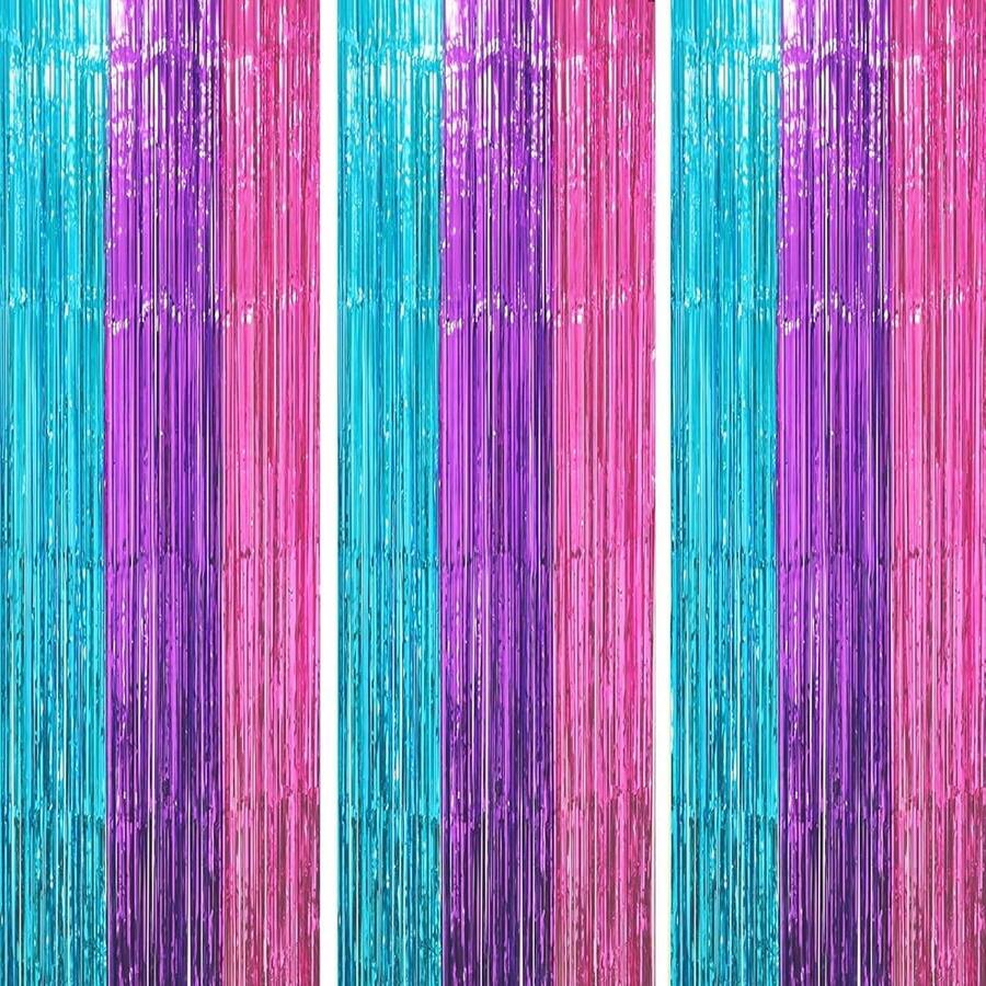 3 Pack 3.3x8.2 Feet Iridescent Transparent Foil Fringe Backdrop Curtains, Tinsel Streamers Birthday Party Decorations, Fringe Backdrop For Graduation Baby Shower Gender Reveal Disco Party-233418 - 61BluePinkandPurple - View 1