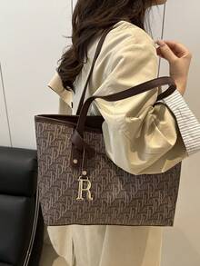 Large Capacity Letter Print Tote Bag, Quilted Shoulder Bag For Women, Commuting - Coffee - View 3