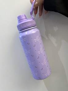2024 HOT 18oz/530ml Aesthetic Purple Stainless Steel Tumbler - Embossed Rose & Bow Design, Leak-Proof Twist Lid, Portable Handle | 24hr Insulation, 304 , Women's Travel Mug - Purple - View 12