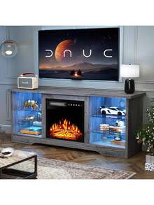 58" Modern Fireplace TV Stand With 18" Fireplace For Living Room, Entertainment Center For TVs Up To 65" With Leg Lights And Adjustable Glass Shelves - Grey - View 8