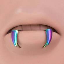 2pcs Exaggerated Gothic Style Stainless Steel Fake Lip Piercing Stud Ring With Sharp Teeth Design Body Jewelry - 銀色 - 查看 8