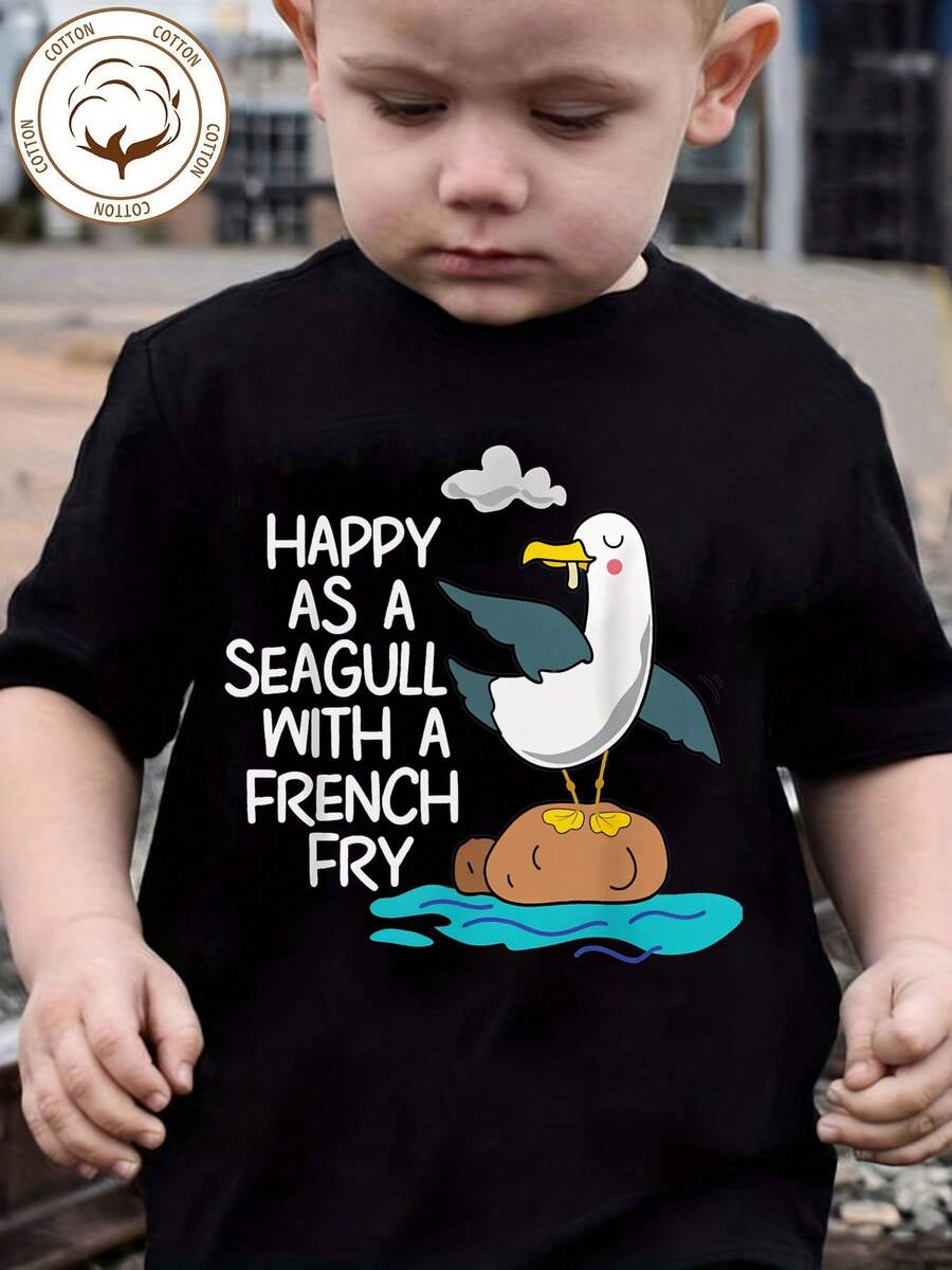 1 camiseta para niños con estampado de gaviota - Feliz como una gaviota -% algodón, manga corta, cuello redondo - Algodón suave y transpirable para días de playa, diversión de verano y aventuras casuales - Estilo premium para niños. - Negro - Ver 1