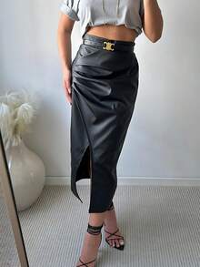Draped Leather Midi Skirt With Front Opening, Slit And Side Zipper, Long, Elegant Evangelical, Chic Women's Clothing - 黑色的* - 查看 5