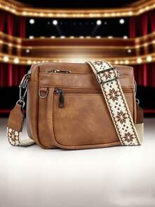 波西米亚复古风格女士单肩包，多口袋拉链开合，复古优雅街头时尚斜挎包，轻便户外便携方形包，可装手机、相机、硬币、化妆品，休闲时尚女士手提包，柔软纯色简约 PU 皮革，涤纶衬里，适合旅行、度假、派对、商务、妈咪包，可拆卸肩带 - 棕色 - 查看 9