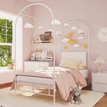 Twin Size Canopy Bed Frame With Upholstered Headboard, Kids Metal Platform Bed Frame With Strong Slats Support, Noise Free, No Box Spring Needed, Easy Assembly - White - View 1