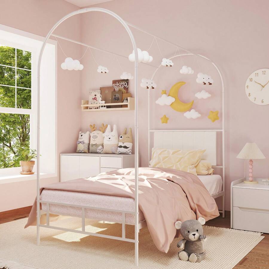 Twin Size Canopy Bed Frame With Upholstered Headboard, Kids Metal Platform Bed Frame With Strong Slats Support, Noise Free, No Box Spring Needed, Easy Assembly - White - View 1