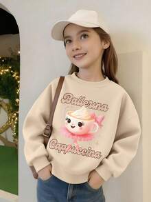 1PC Girl Sweet And Cute Style Cartoon Coffee Cup Print Crew Neck Sweatshirt, Soft And Comfortable, Spring Autumn Daily Leisure Wear - Apricot - View 1