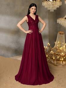 Alisa&Leo 少女闪亮 V 领亮片毕业礼服搭配薄纱裙 - 适合毕业舞会、学校活动和青少年联欢晚会的正式礼服 - 酒紅色 - 查看 4