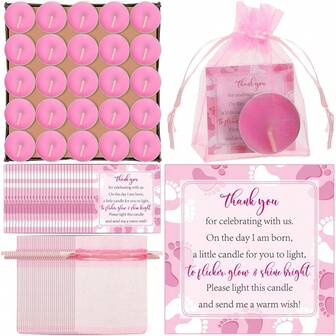 50 套婴儿送礼会礼物，包括 50 件无香型茶蜡婴儿送礼会蜡烛礼品袋卡片，用于性别揭晓派对用品婴儿送礼会、新娘送礼会、生日派对和节日装饰，可作为派对礼物或礼品