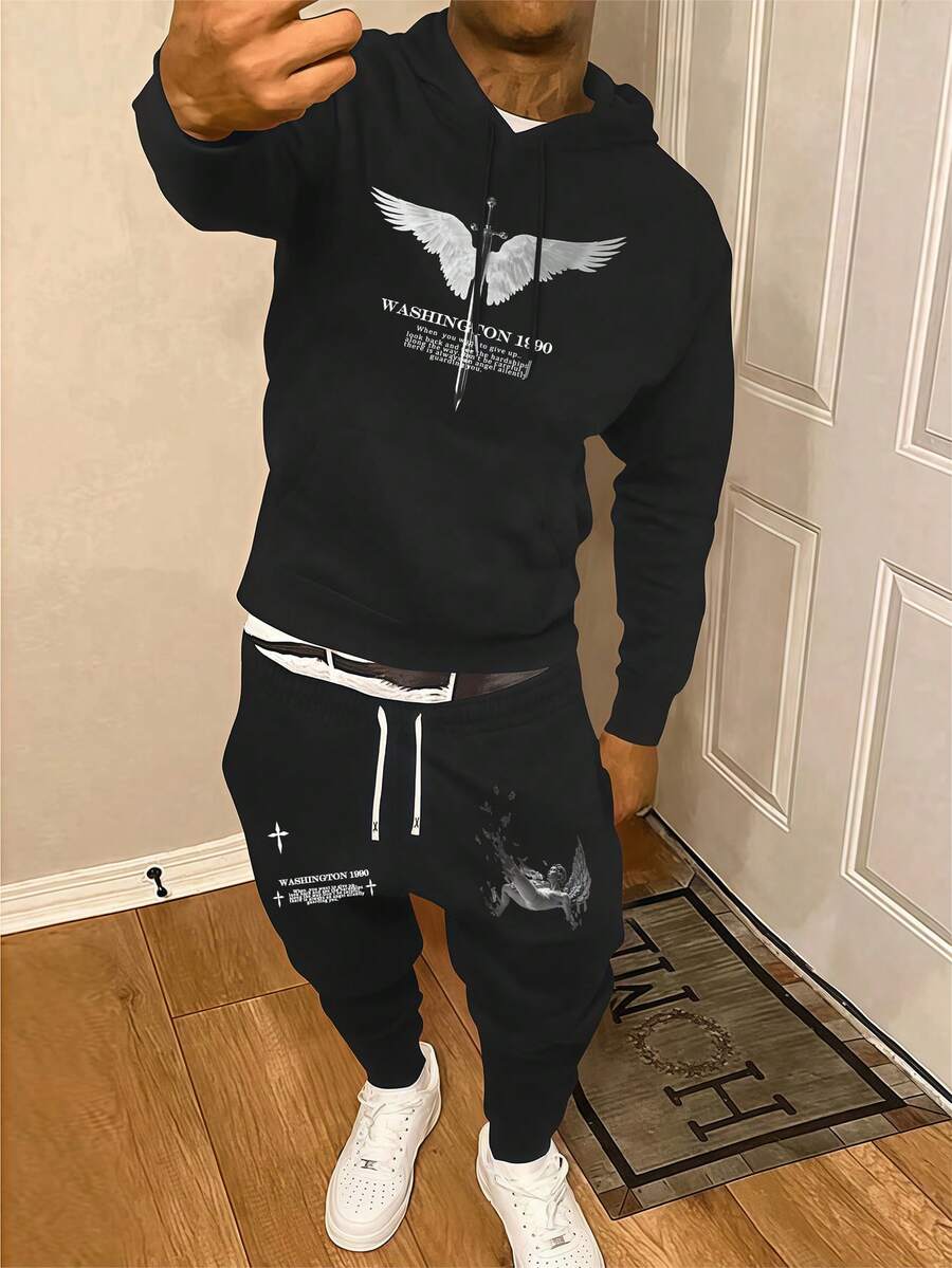 Men's Thin Angel Wings Letter Print Hoodie And Sweatpants Set, Fashion Casual Sportswear With Pockets And Drawstring Waist Pants, Suitable As Gift For Husband Or Boyfriend - Black - View 1