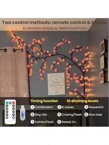 1pc 72 LEDS Cherry Blossom Tree Branch Lights For Wall,Cherry Blossom Lights With Remote,Timer,8 Lighting Modes,Flexible Willow Vine Twig Fairy Light,Floral Wall Decor For Bedroom Home,Spring Decor US - 粉色 - 查看 3