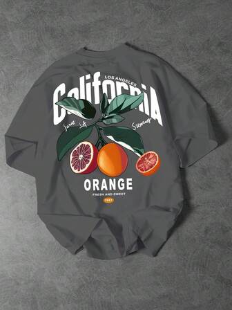 Shwiy Herr sommarfrukttema kortärmad t-shirt med regionalt karaktäristiskt mönster, minimalistiskt Los Angeles-tryckt citrusfruktmönster, lämplig för vår-/sommarkläder, enfärgad streetwear
