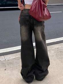 Valentine's Day Baggy Jeans For Women, Mid Rise Wide Leg Jeans Plus Size Boyfriends Denim Pants, Y2K Vintage Style Spring Clothes - 黑色 - 查看 5