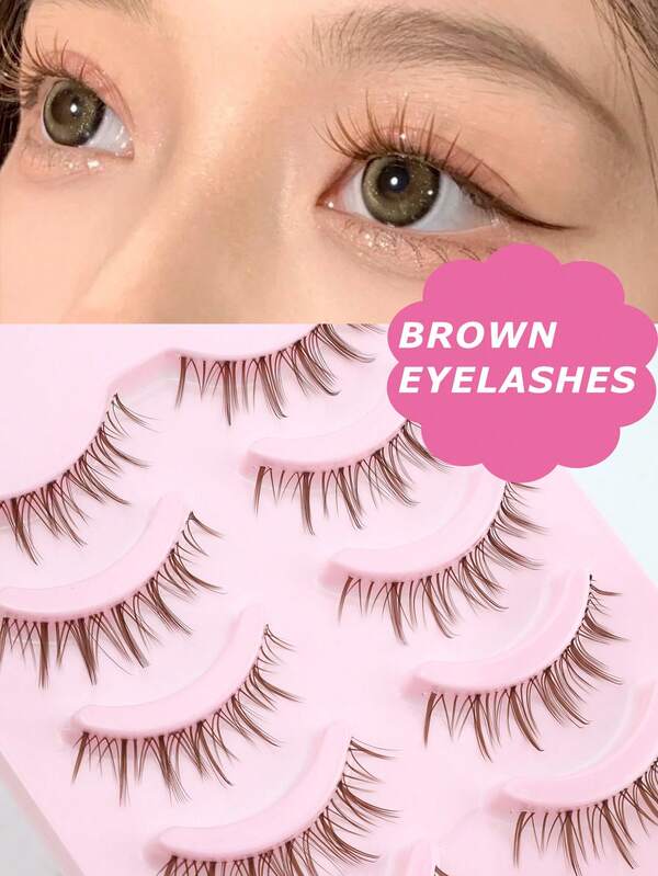 5 Pares de Cílios Naturais Finos e Pontudos Marrons de Diabinho, Haste Transparente, Olhos Grandes de Boneca Coreana, Maquiagem Leve na Cor Caramelo Fresca e Doce, Cílios Realistas, Leves e Convenientes para Viagem