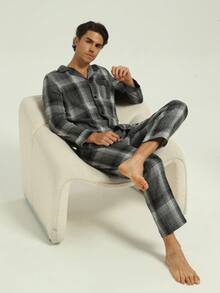 新款男士时尚休闲加厚冬季睡衣套装 - 灰色 - 查看 8