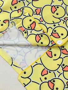 Women's Cute Duck Pajama Set, Long Sleeve Button Front Top & Pants, Soft Woven Fabric, Casual Home Wear For Spring & Fall - 黃色 - 查看 4