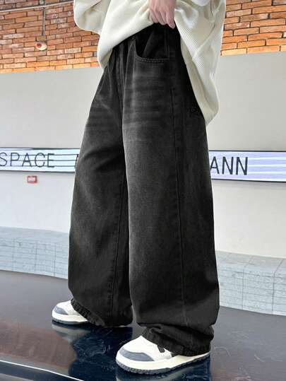 Tween Boys' Casual Washed Elastic Waist Wide Leg Jeans