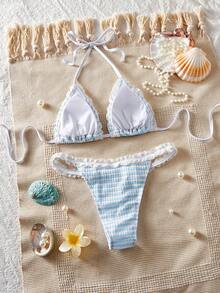 Ladies Swimsuit; Sexy Fashion; Blue Two Pieces Swimwear; Summer Beach; Bikini Set.