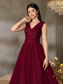 Alisa&Leo 少女闪亮 V 领亮片毕业礼服搭配薄纱裙 - 适合毕业舞会、学校活动和青少年联欢晚会的正式礼服 - 酒紅色 - 查看 5