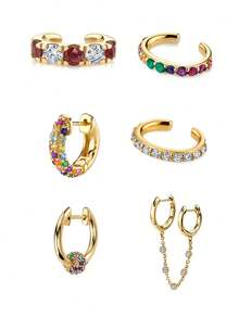 6Pcs Gold Plated Cubic Zirconia Hoop Earrings For Women Colorful Zirconia Dangle Earrings Set Fashion Party Jewelry Accessories