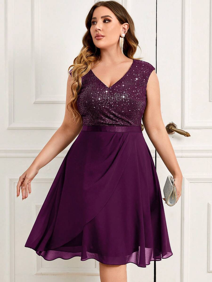 Plus Sleeveless Sequin Contrast Chiffon Ruffle Trim Hem Formal Party Swing Dress Semi Formal Dress, For Wedding Guest, Birthday, Graduation, Homecoming - Maroon - View 1