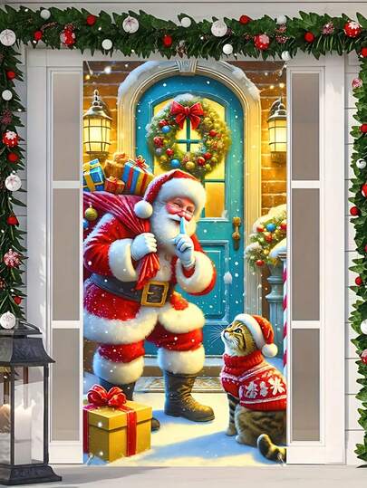 1pc Christmas Door Decor, Santa Claus Carrying Gift Design Banner, Christmas Holiday Party Decoration, Winter Decor, Ideal Christmas Gift